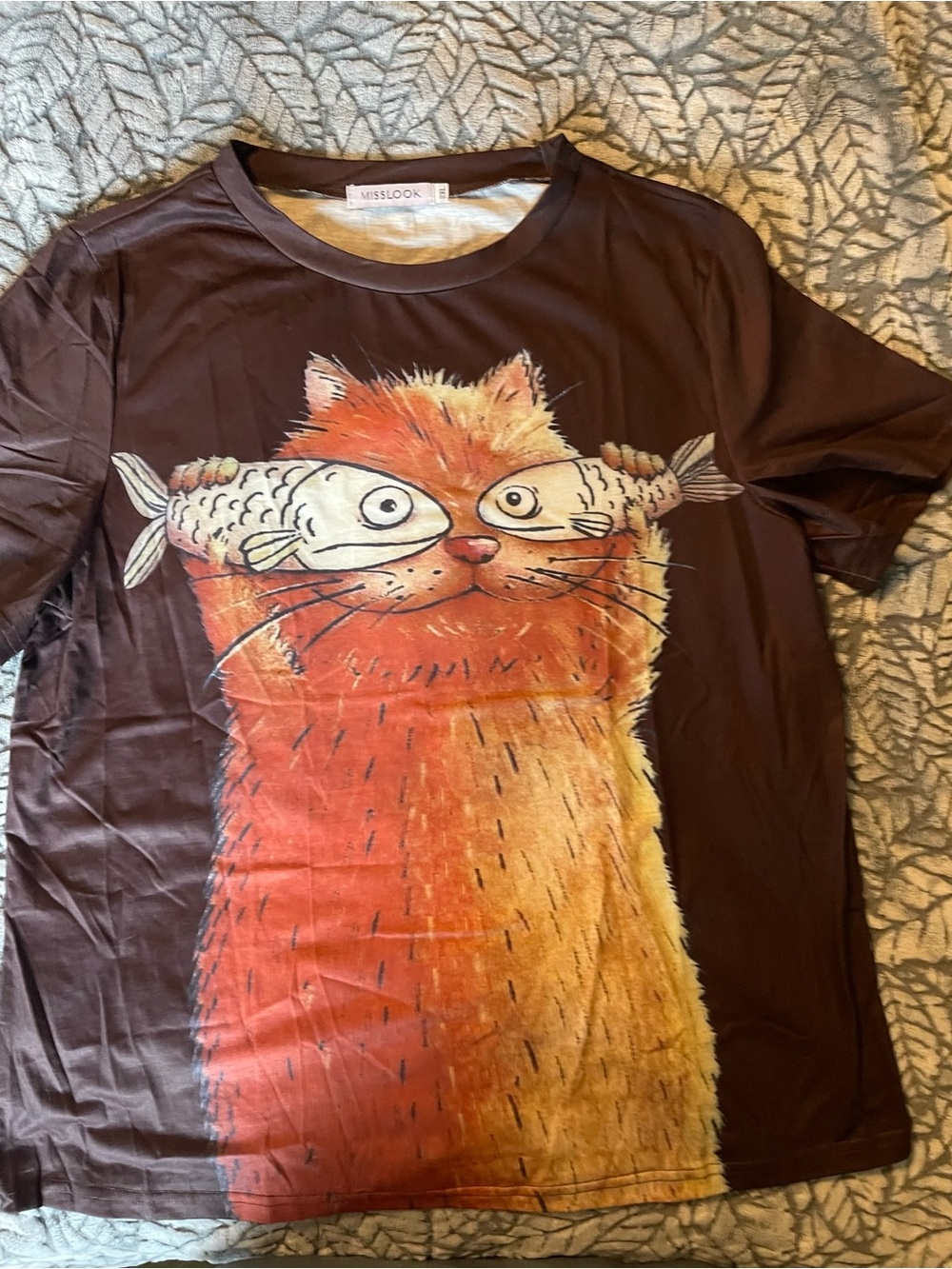 MISSLOOK Brown Tee with Orange Cat Fish Graphic